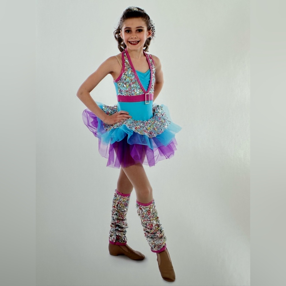 A WISH COME TRUE Girls Size 6X/7 Blue Pink & Purple Seqinned Dance Dress
